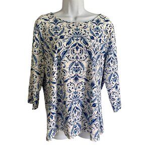 Juniper + Lime Women's Jacquard Blue White 3/4 Sleeve Top Medium NEW NWT